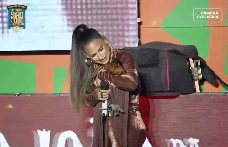 Simone Mendes ganha galinha de presente de fã durante show